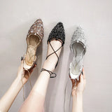 Women Ballet Flats Luxury Rhinestone Wedding Shoes Cross-Tied Lace Up Pointed Toe Shallow Mouth Shoes Loafers Plus