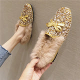 big size rabbit fur winter flat shoes woman silver/pink glitter fluffy flats crystal bowtie moccasins female fur loafers
