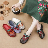Summer New Flat-Soled Low-Heeled Women's Shoes National Style Leather Flower Slippers Hollowed-Out Breathable Comfortable Hole