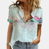 Women Elegant Office Simple Turn-down Collar Cartoon Print Casual Shirt Fashion Summer Short Sleeves Button Cardigan