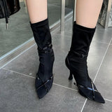 Brand Stretch Leather Women Ankle Boots Elegant Pointed toe High heels Autumn Winter Sock Short Boots Shoes Botas