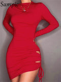 Skinny Women Green Hollow Out Bandage O Neck Bodycon Dress Mini Wrap Long Sleeve Winter 2021 Sexy Casual Party Club