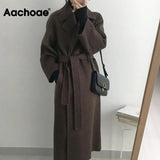 Women Elegant Long Wool Coat With Belt Solid Color Long Sleeve Chic Outerwear Ladies Drop Shoulder Overcoat