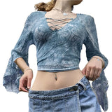 Khaki Vintage Print V Neck Flare Long Sleeve Y2K Tops Cute E Girl Fairy Grunge Aesthetic Graphic T Shirts for