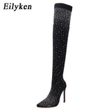 2022 Fashion Runway Crystal Stretch Fabric Sock Boots Pointy Toe Over-the-Knee Heel Thigh High Pointed Toe Woman