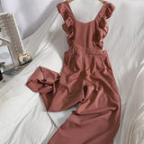 Spring New Arrival Women Casual Solid Jumpsuit Office Lady Sleeveless Ruffle Sexy Top Long Wide Leg Pants