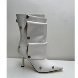 Breakj New High Heel Pointed Metal Rivet Jeans Splicing Two Wear Pile And Knee Boots Large Size Women's