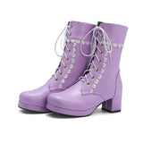 Girls Sexy Lolita Mid Calf Boots Women Motorcycle Shoes Autumn Winter Stylish Lady Lace Platforms Leather Shoes Party Botas
