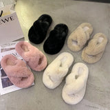 Women Cross House Furry Slippers Fashion Faux Fur Warm Shoes Women Slip on Flats Female Home Open Toe Pink Plush