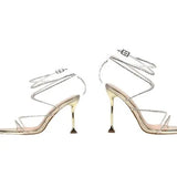 Breakj Summer New Square Head Rhinestone Sandal Fine Heel Open-Toe High Heels Crystal Sexy One Word With Roman