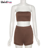 Puss 2021 Cotton Tracksuit Women Sporty Casual Strapless Top+Biker Shorts Matching Set Summer Trend Streetwear Slim