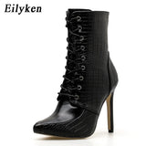 Snakeskin grain Ankle Boots For Women High heels Fashion Pointed toe Ladies Sexy shoes 2022 New Lace-Up Boots Size