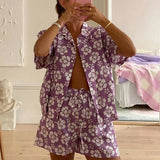 Women Tracksuit Purple Floral Shorts Sets Lounge Wear Short Sleeve Shirt Tops And High Waist Mini Shorts Two Piece