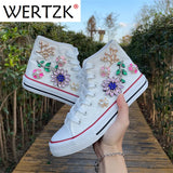 Canvas Shoes for Women Small White Shoes Women's High-top Handmade 3D Flower Pearl Flat-bottomed Leisure Student