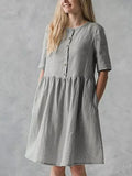 New Summer Commuter Women Dress A-line Skirt Solid Cotton Linen Pocket Mid Sleeve Holiday Dress 2022 Elegant V-Neck Loose