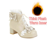 Chunky High Heel Lolita Shoes Butterfly-knot Cloth Plush Inner Women Cosplay Princess Ankle Boots Winter Autumn Pink White