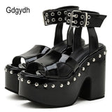 Great Quality Plus Size 43 Chunky High Heel Shoes Black Gothic Cool Summer Platform Sandals Women Ankle Buckle