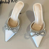 Sexy Pointed Toe Stiletto High Heels Mules Slippers Sandal Fashion Crystal Bowknot Design Slip-On Pumps Women Shoes