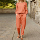 Women Linen 2 Piece Set Solid Color Loose Comfortable Drawstring Long Sleeve Home Suits 2021 Lounge Wear