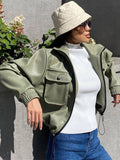 PU Women Pocket Jacket Drawstring Crop Coats Long Sleeve Green Zipper Harajuku Fashion Leather Punk Autumn Jacket