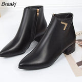 ANKLE BOOTS Fashion Casual Genuine Leather Low High Heels Thick Shoes PU Autumn Pointed Toe Rubber Female Winter Black
