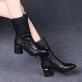 Breakj Women's Shoes Fashion Classic Versatile Thick Heel Medium Boots Leather Boots High Heel Women's Boots