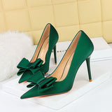 Breakj Korean Version Fashion Thin Heels, Silk, Shallow Pointed Bow Single High Heel Women's