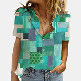 Women Elegant Office Simple Turn-down Collar Cartoon Print Casual Shirt Fashion Summer Short Sleeves Button Cardigan