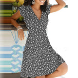 Summer 2021 New Casual Floral Print V Neck Pullover A-line Dress Fashion Short Sleeves Elegant Office Lady Party