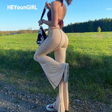 Khaki Elastic High Waist Flared Pants Capris Skinny Casual Push Up Sweatpants Women Fashion Summer Patchwork