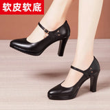 Model Catwalk High Heels, Pointed Black Professional Work Shoes, Large Size One-Word Buckle Soft Leather