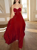 Women's Elegant Solid Pleated Long Dress Fashion Chic Tube Top Cutout High Waist Dress Sexy Off-the-shoulder Sling Party