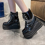 Fashion Boots Women Plus Size Black Zipper Lace Up Chain Wedge Platform Women Motorcycle Boots Fashion Gothic Punk