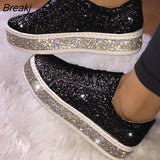Women Vulcanize Shoes Sneakers Sliver Bling Shoes Girl Flat Glitter Sneakers Casual Female Breathable Lace Up Sport
