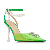 Pearls Crystal Bowknot Women Pumps Fashion Transparent PVC Slingbacks High heels Elegant Pointed toe Summer Party