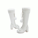 Lolita High Boots Winter Warm Fur Neck Girls Cosplay Party JK Princess Shoes Lace Up Bowtie Chunky Heel Side Zipper PU