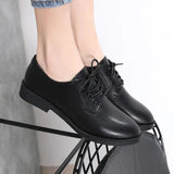 Genuine Leather Oxford Shoes Lace Up Black Wedge Platform Pointed Close Toe Flat Platform Low Heels Casual Footwear