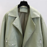 New Spring Faux Leather Pu Jacket Women Loose BF Coat Female Turndown Collar Moto Biker Rivet Zipper Vintage Street