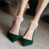 Heel Shoes Woman Pointd Toe Spring Autumn Elegant Pumps French Style Vintage Pumps Slip On Ladies Summer Pearls