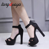 Buckle Strap Woman Sandals Party String Square heel Shoes Summer Sexy Woman Shoes Black Platform High Heel