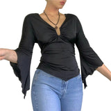 Khaki Vintage Print V Neck Flare Long Sleeve Y2K Tops Cute E Girl Fairy Grunge Aesthetic Graphic T Shirts for