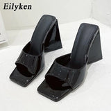 Summer Orange Black Triangle Thick heel Slippers Sexy Street Woman Party Peep toe Dress shoes size