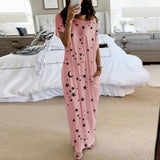 Summer New Fashion Striped Strapless Dress Loose Round Neck Short Sleeve Long Dress Casual Elegant Moon Star Printing