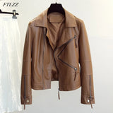Spring Autumn Vintage Faux Leather Jacket Women Brown Moto Biker Leather Coats Casual Street Wear Zipper PU Basic