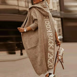Fashion Back Letter Printed Loose Coats Women Fall Winter Elegant Hooded Overcoat Casual Pockets Office Lady Knit Tops