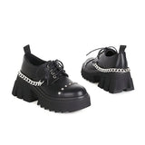Darkness Black Gothic Pumps with Metal Chain Women's Lace-up Platform Shoes Heel Height 7cm Thick Bottom School Girls