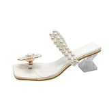 New Design Square Toe Slippers Sandals Fashion Flowers pearl Crystal Strange Heels Shoes Woman Summer Slides Shoes for