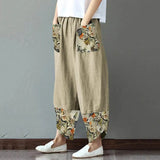 Autumn Fashion Women Cotton Linen Pencil Pants Casual Print Patchwork Loose Long Trousers Elegant Streetwear Lady
