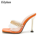New Summer Pumps Fashion Chain Slippers Sandals Shoes Women Thin High Heels Slip On Square Toe Mules Slides Ladies