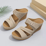 Breakj Size Slope Heel Slippers Female 2024 Summer New Velcro Hollow Casual Slippers Female